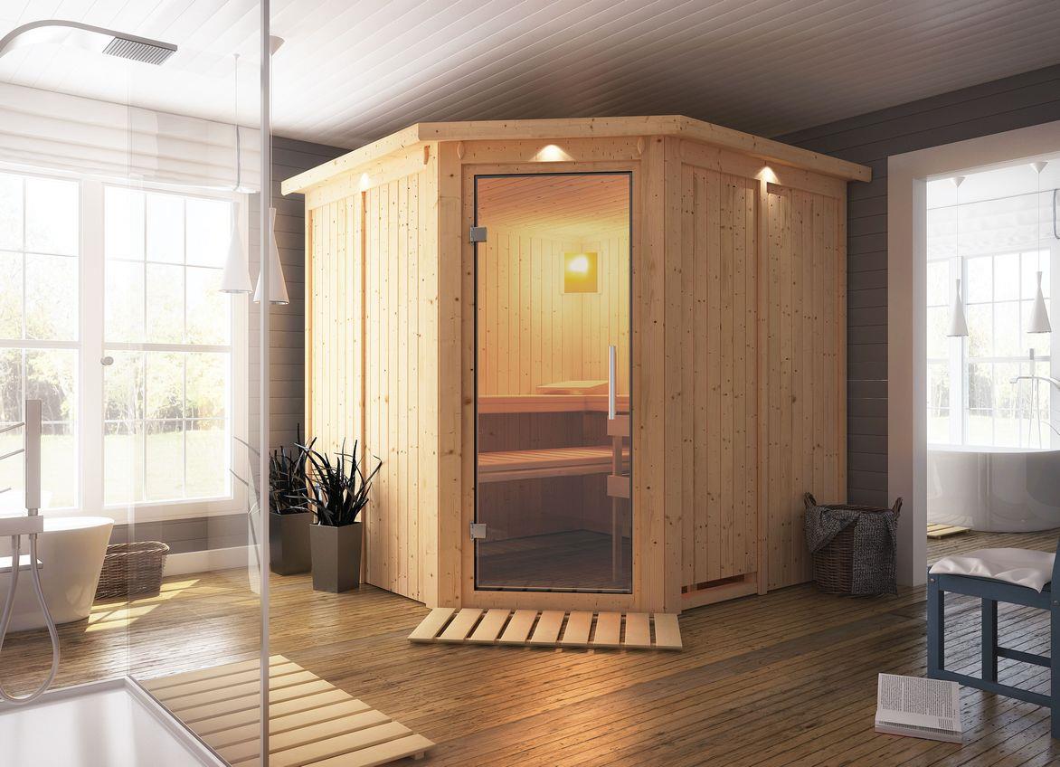 Innensauna Alvar mit 9 kW Ofen BIO 9 und Huum Wifi Steuerung natur Innensauna Alvar mit 9 kW Ofen BIO 9 und Huum Wifi Steuerung natur