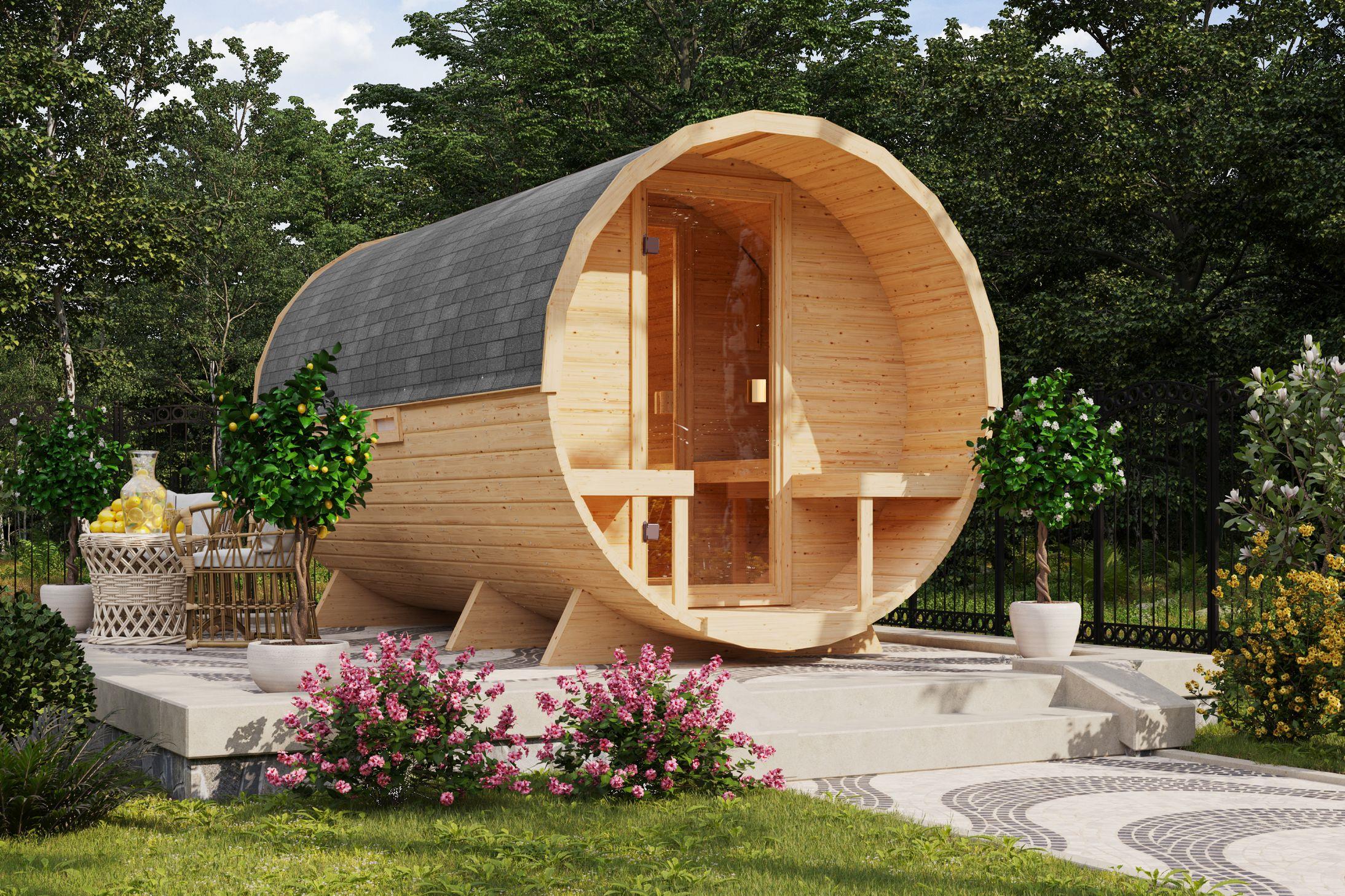 Fasssauna Tornby XL mit 9 kW Ofen BIO 9 und Huum Wifi Steuerung natur Dach: schwarz Fasssauna Tornby XL mit 9 kW Ofen BIO 9 und Huum Wifi Steuerung natur Dach: schwarz