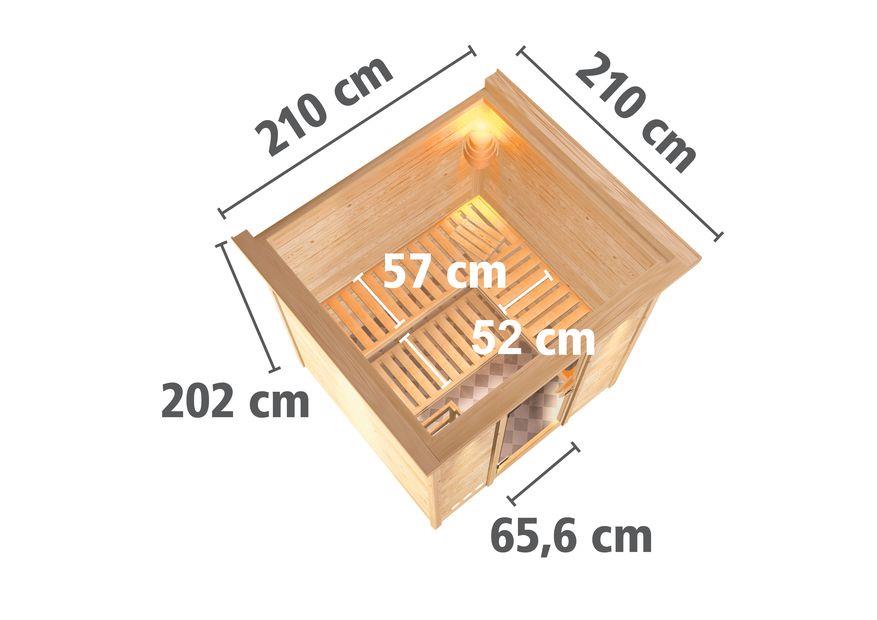 Innensauna Caro mit 9 kW Ofen BIO 9 und Huum Wifi Steuerung natur