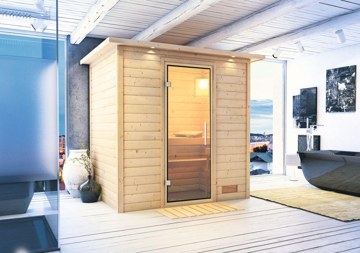 Innensauna Korven mit 9 kW Ofen FIN 9 und Huum Wifi Steuerung natur Innensauna Korven mit 9 kW Ofen FIN 9 und Huum Wifi Steuerung natur