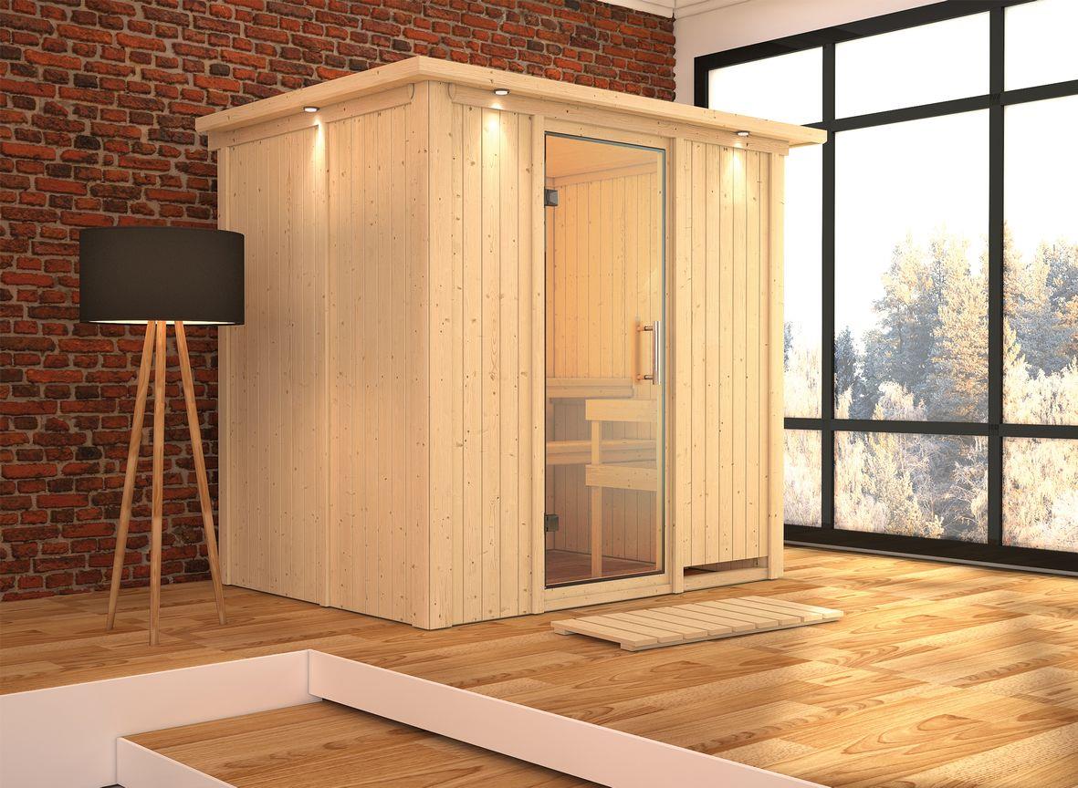Innensauna Lona mit 9 kW Ofen BIO 9 und Huum Wifi Steuerung natur Innensauna Lona mit 9 kW Ofen BIO 9 und Huum Wifi Steuerung natur