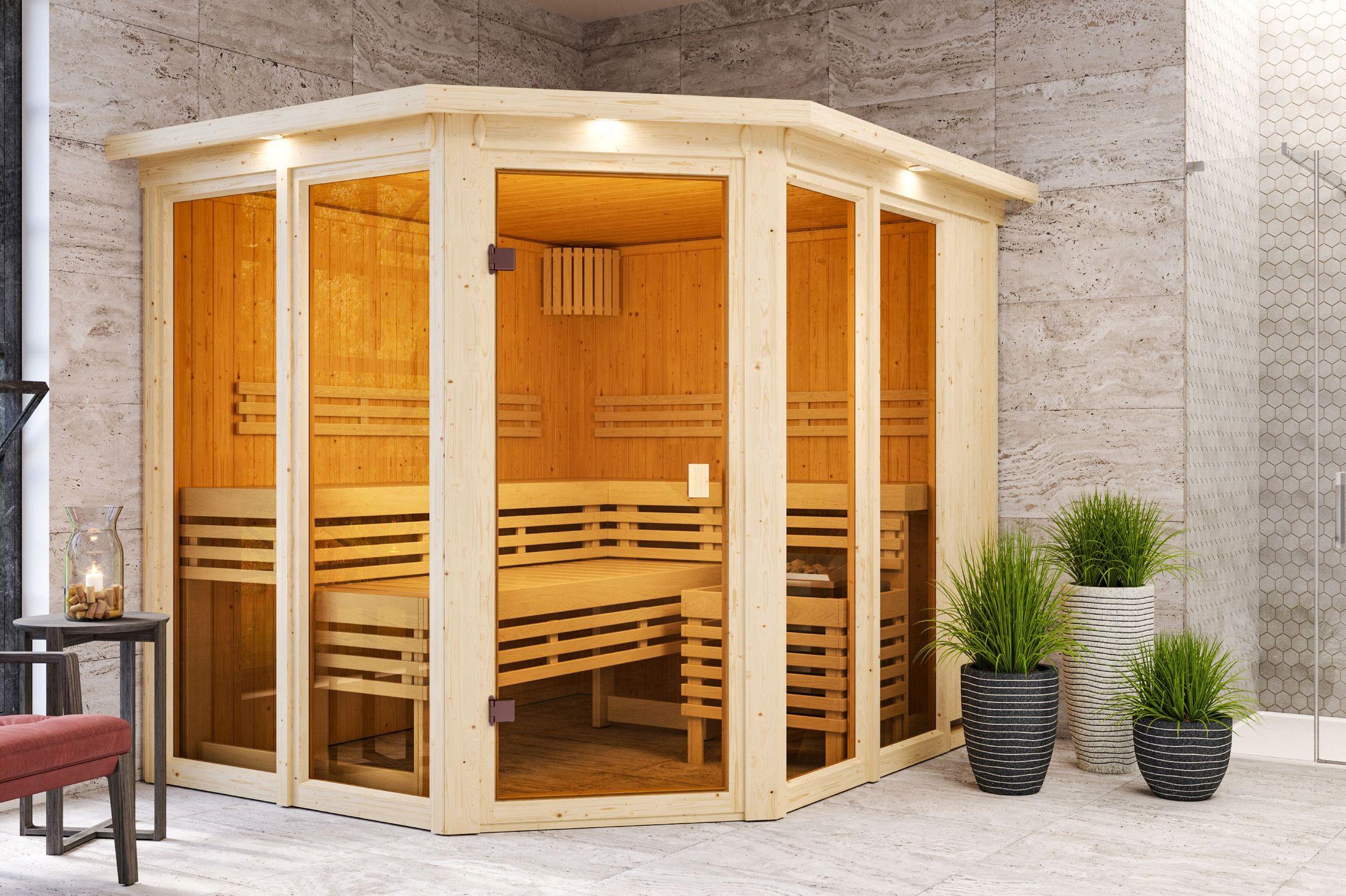 Innensauna Sande mit 9 kW Ofen BIO 9 und Huum Wifi Steuerung natur Innensauna Sande mit 9 kW Ofen BIO 9 und Huum Wifi Steuerung natur