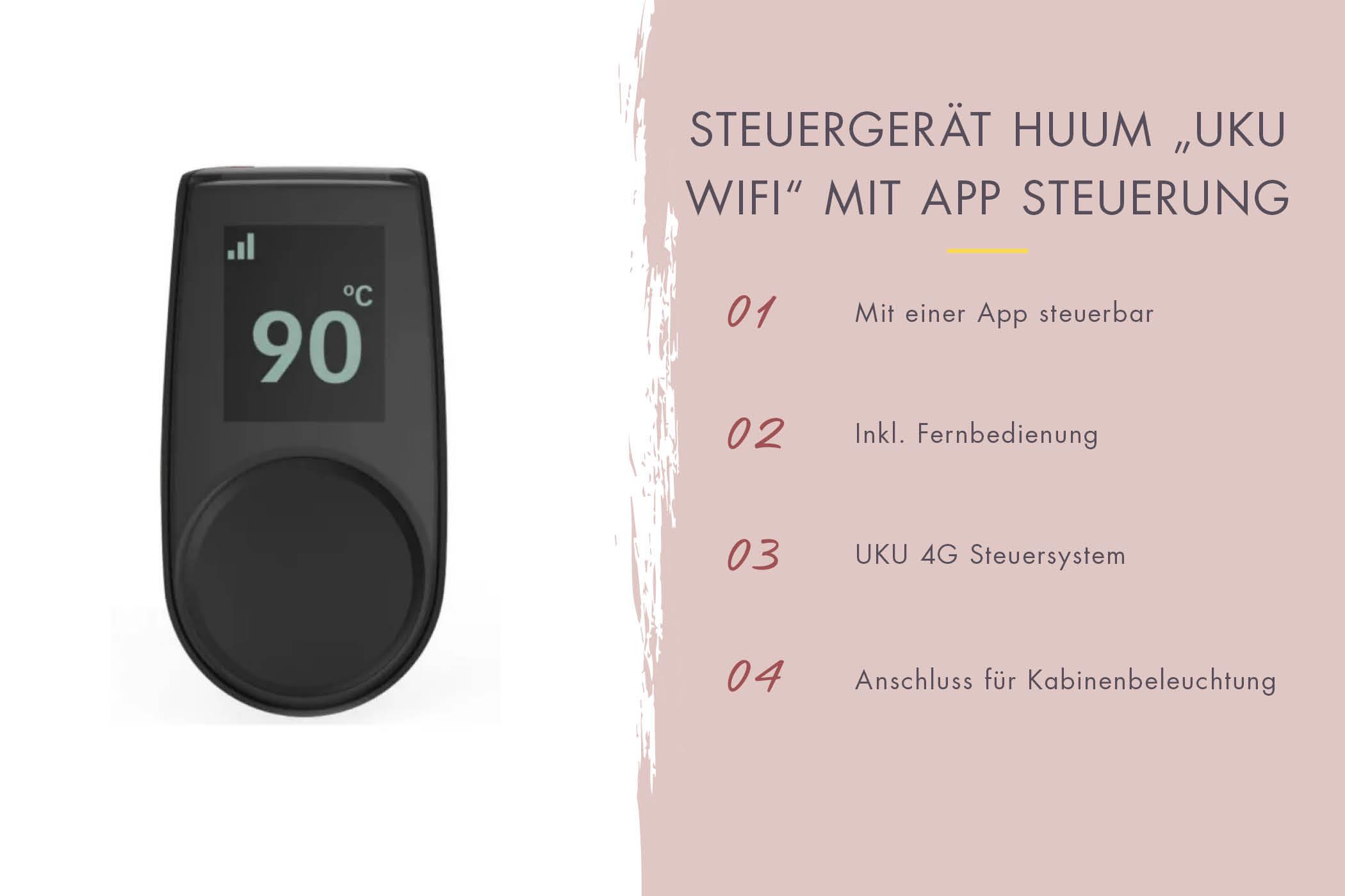 Innensauna Nedo mit 9 kW Ofen FIN 9 und Huum Wifi Steuerung natur