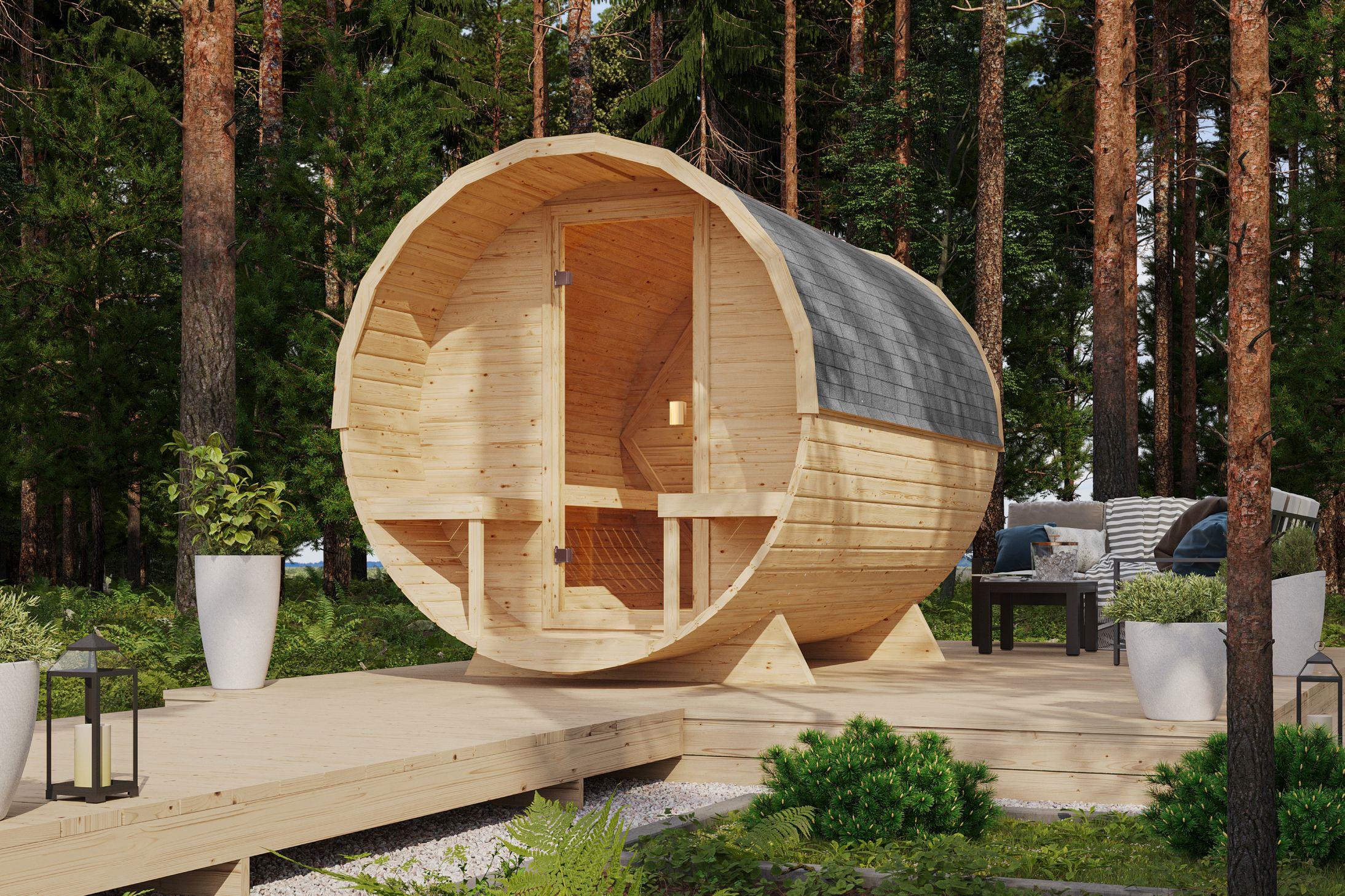 Fasssauna Tornby mit 9 kW Ofen FIN 9 und Huum Wifi Steuerung natur Dach: schwarz Fasssauna Tornby mit 9 kW Ofen FIN 9 und Huum Wifi Steuerung natur Dach: schwarz