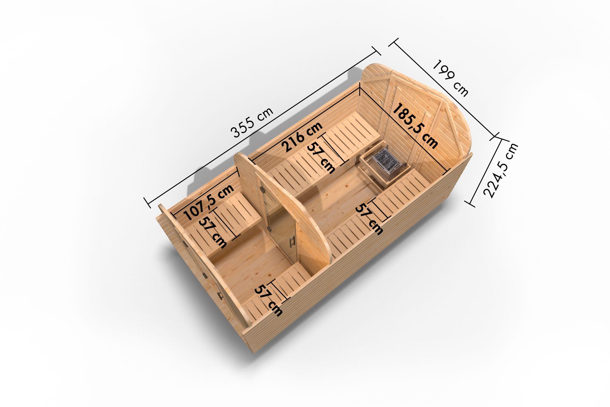 Aussenssauna Bugge mit 9 kW Ofen BIO 9 und Huum Wifi Steuerung natur