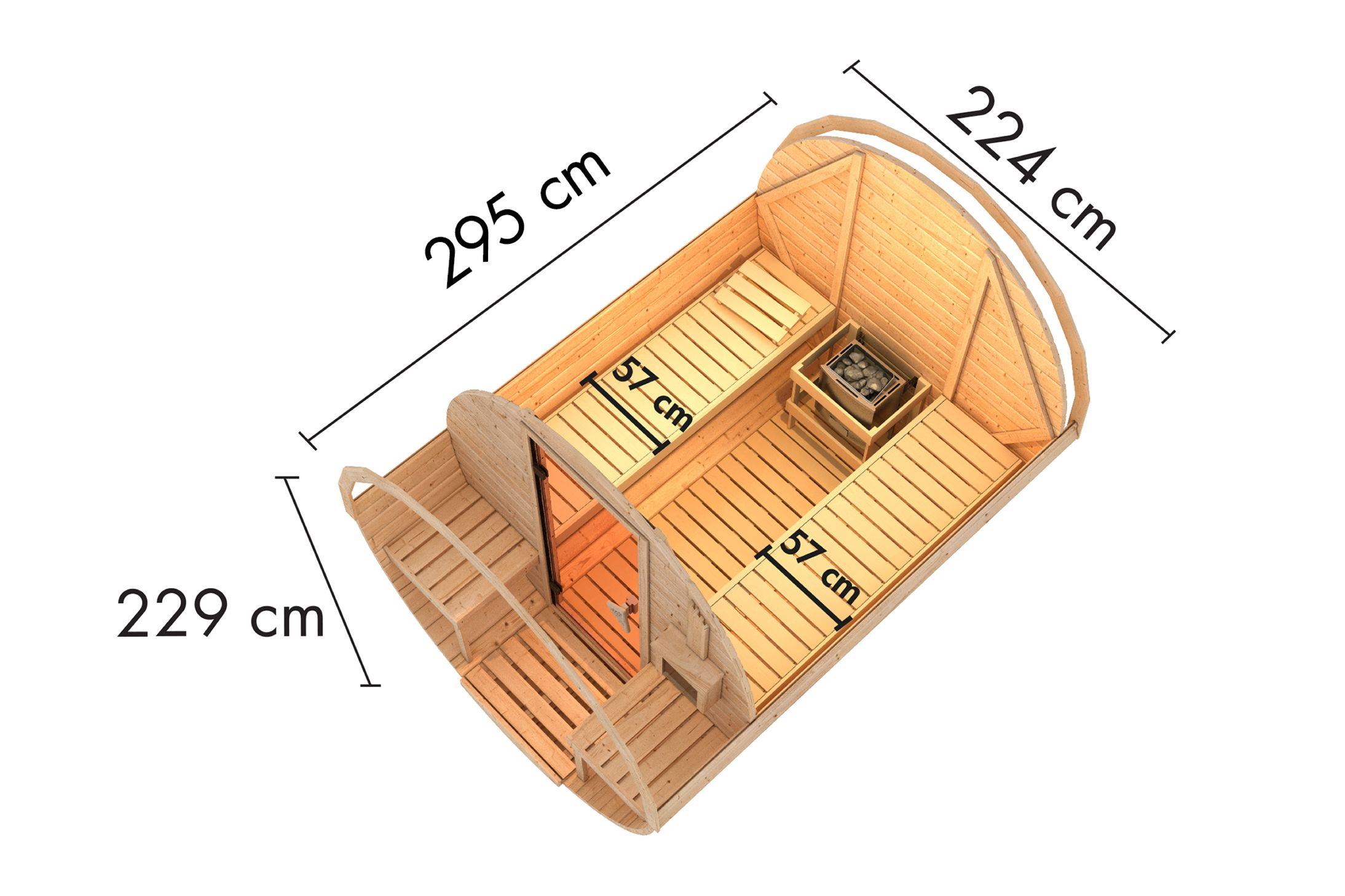 Fasssauna Tornby mit 9 kW Ofen BIO 9 und Huum Wifi Steuerung natur Dach: rot Fasssauna Tornby mit 9 kW Ofen BIO 9 und Huum Wifi Steuerung natur Dach: rot