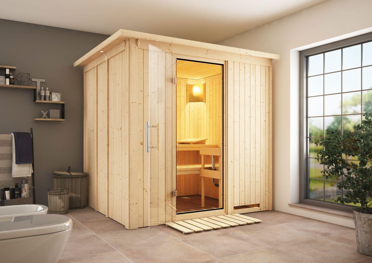Innensauna Arto mit 9 kW Ofen BIO 9 und Huum Wifi Steuerung natur Innensauna Arto mit 9 kW Ofen BIO 9 und Huum Wifi Steuerung natur