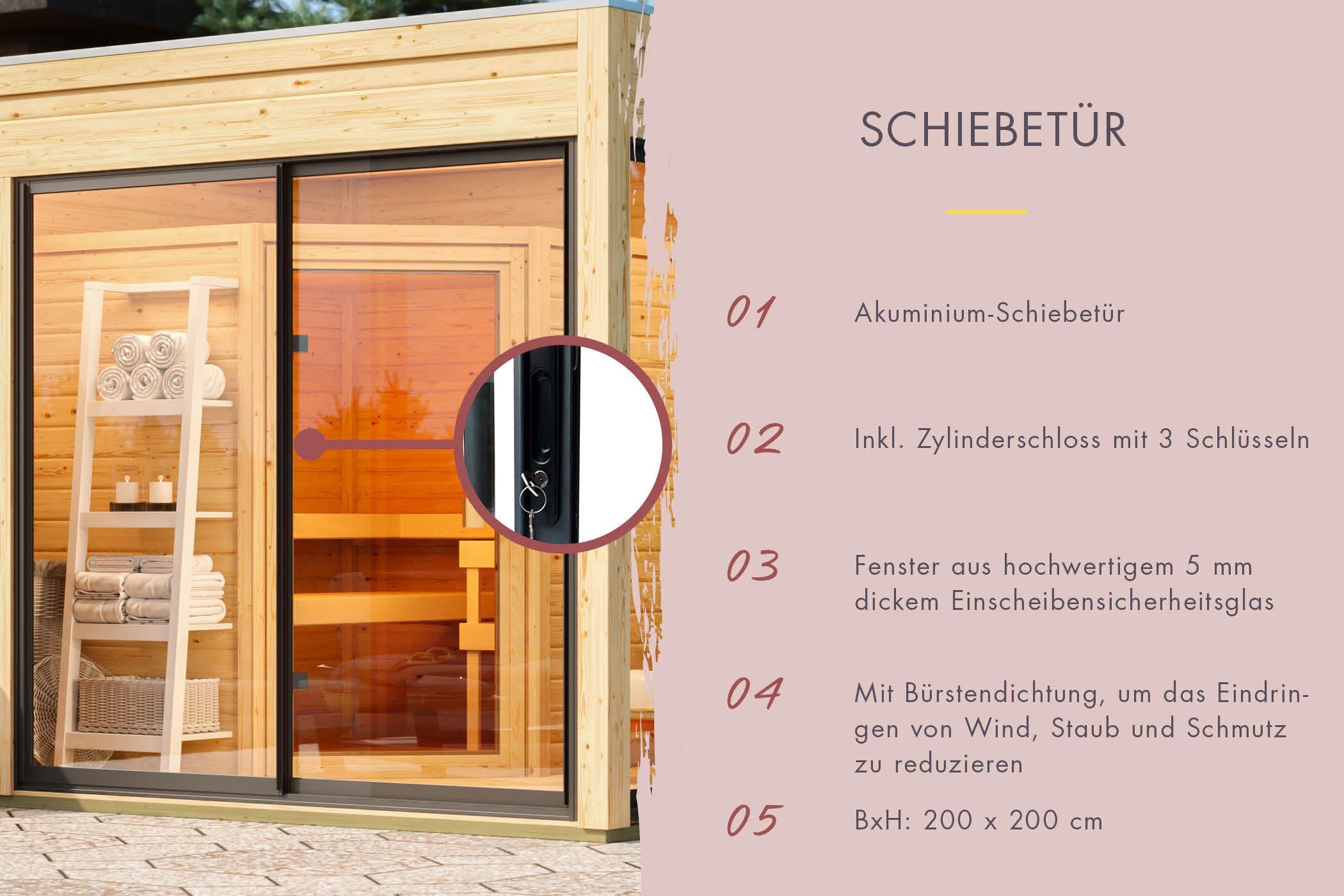 Aussenssauna Branko mit 9 kW Ofen BIO 9 und Huum Wifi Steuerung natur