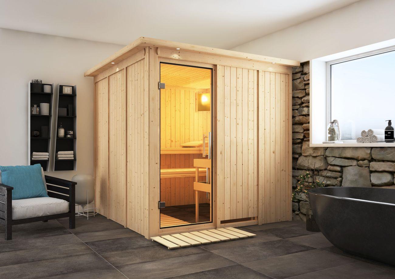 Innensauna Caro mit 9 kW Ofen BIO 9 und Huum Wifi Steuerung natur Innensauna Caro mit 9 kW Ofen BIO 9 und Huum Wifi Steuerung natur