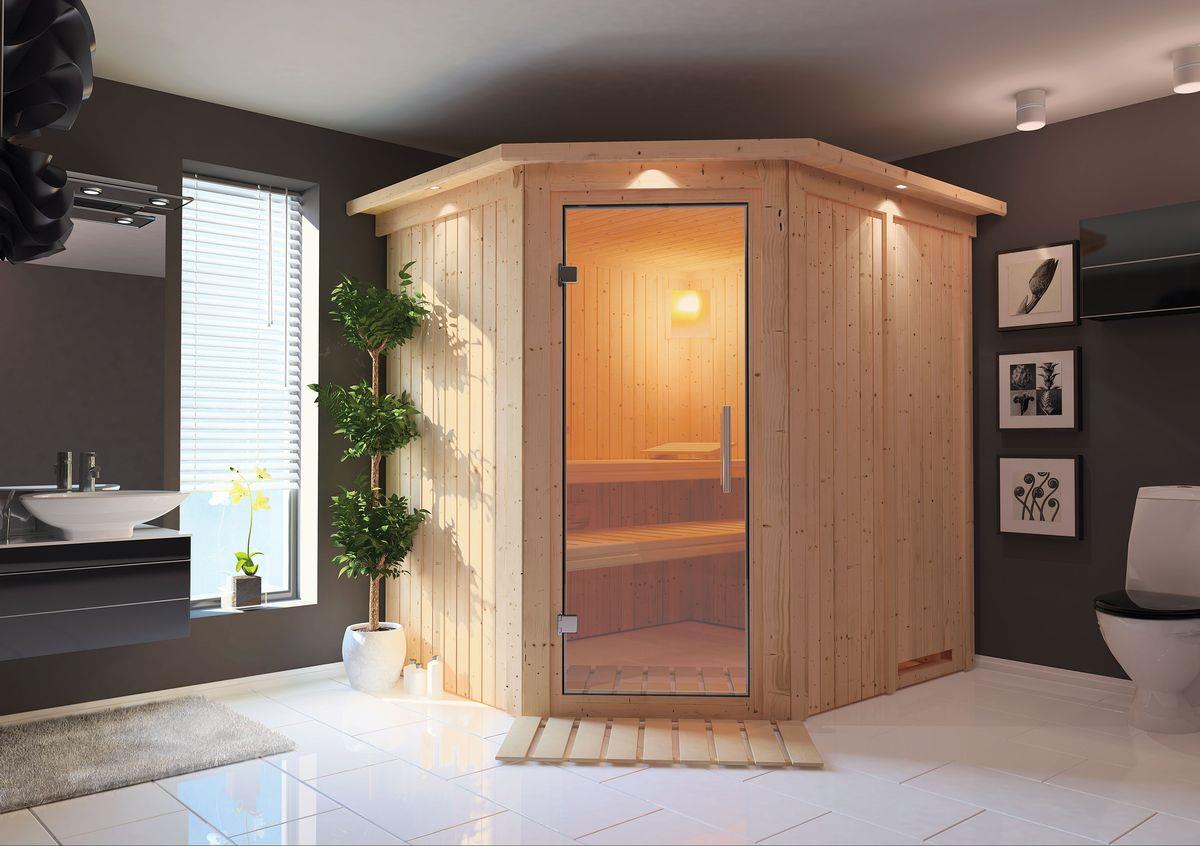 Innensauna Jaan mit 9 kW Ofen BIO 9 und Huum Wifi Steuerung natur Innensauna Jaan mit 9 kW Ofen BIO 9 und Huum Wifi Steuerung natur