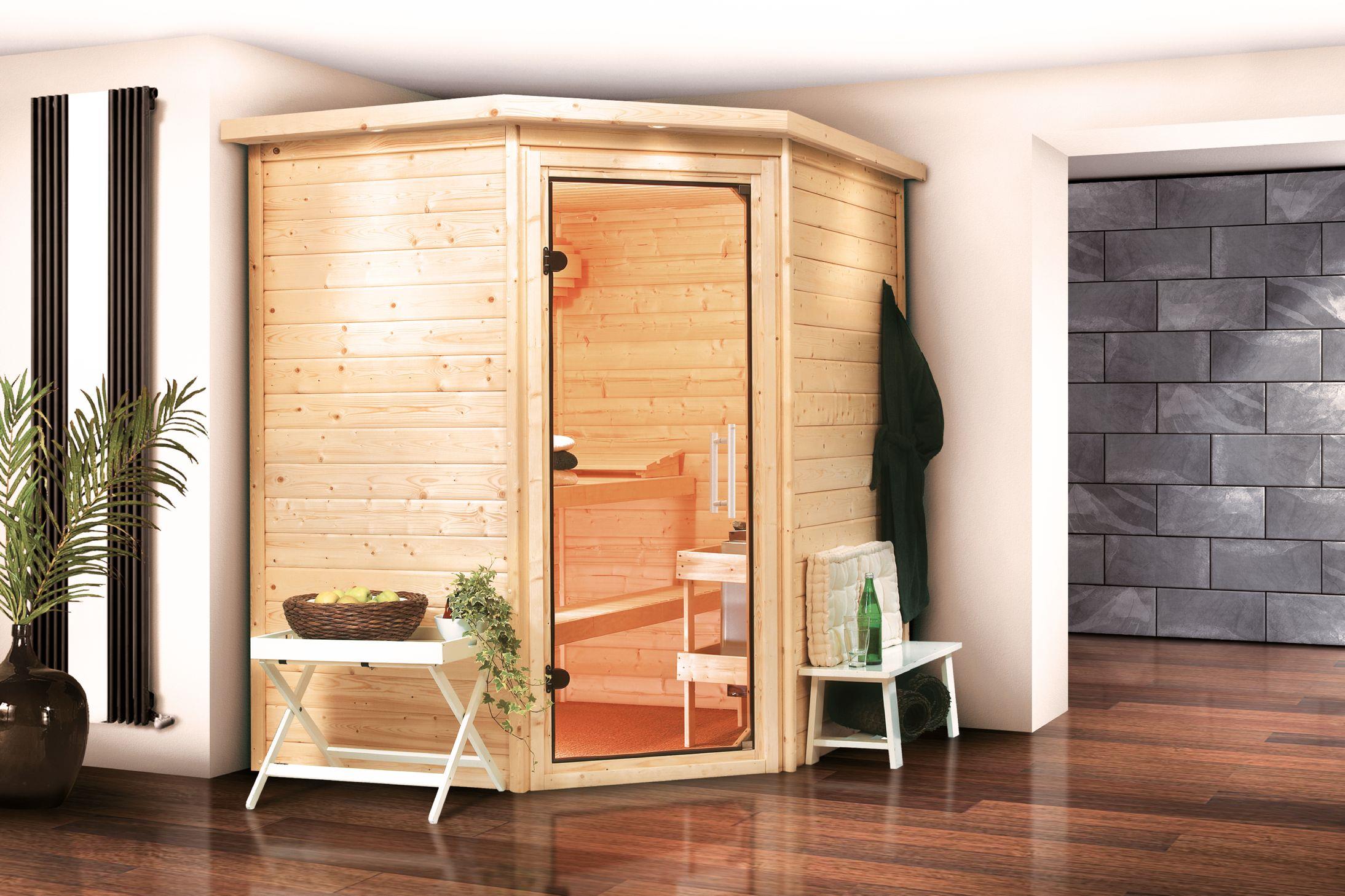 Innensauna Rommo mit 9 kW Ofen BIO 9 und Huum Wifi Steuerung natur Innensauna Rommo mit 9 kW Ofen BIO 9 und Huum Wifi Steuerung natur