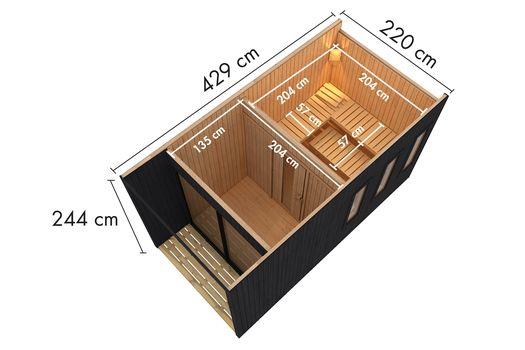 Aussenssauna Skagen mit 9 kW Ofen FIN 9 und Huum Wifi Steuerung natur