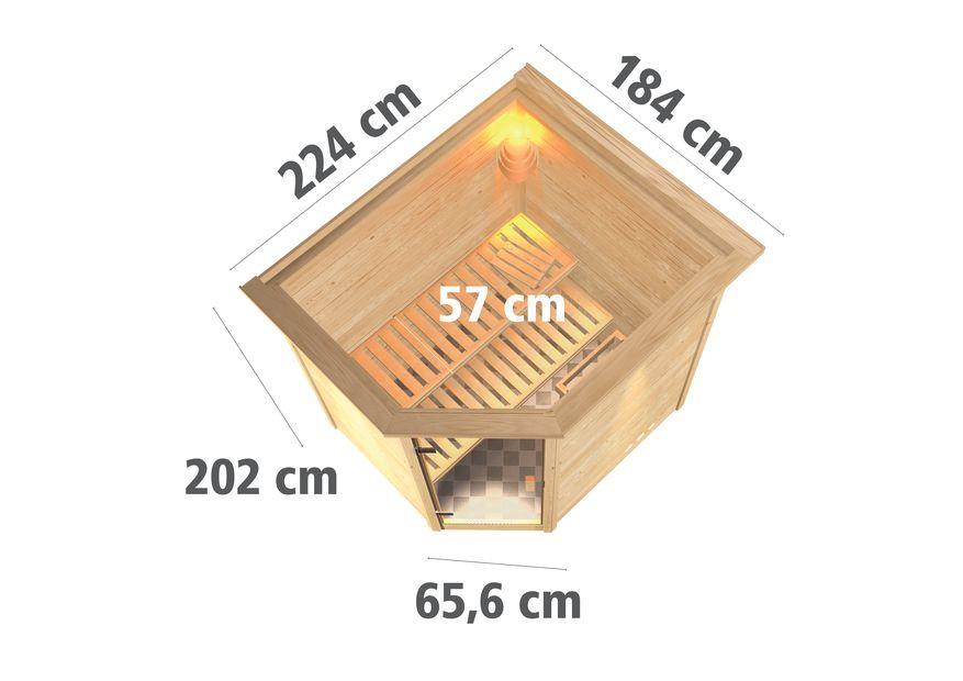 Innensauna Rommo mit 9 kW Ofen BIO 9 und Huum Wifi Steuerung natur