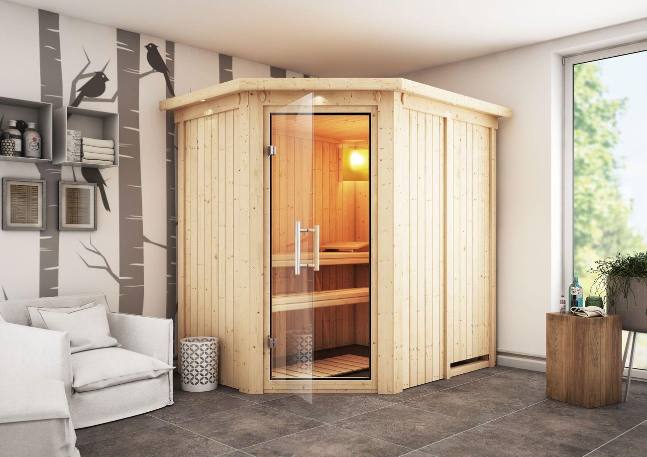 Innensauna Nedo mit 9 kW Ofen BIO 9 und Huum Wifi Steuerung natur Innensauna Nedo mit 9 kW Ofen BIO 9 und Huum Wifi Steuerung natur