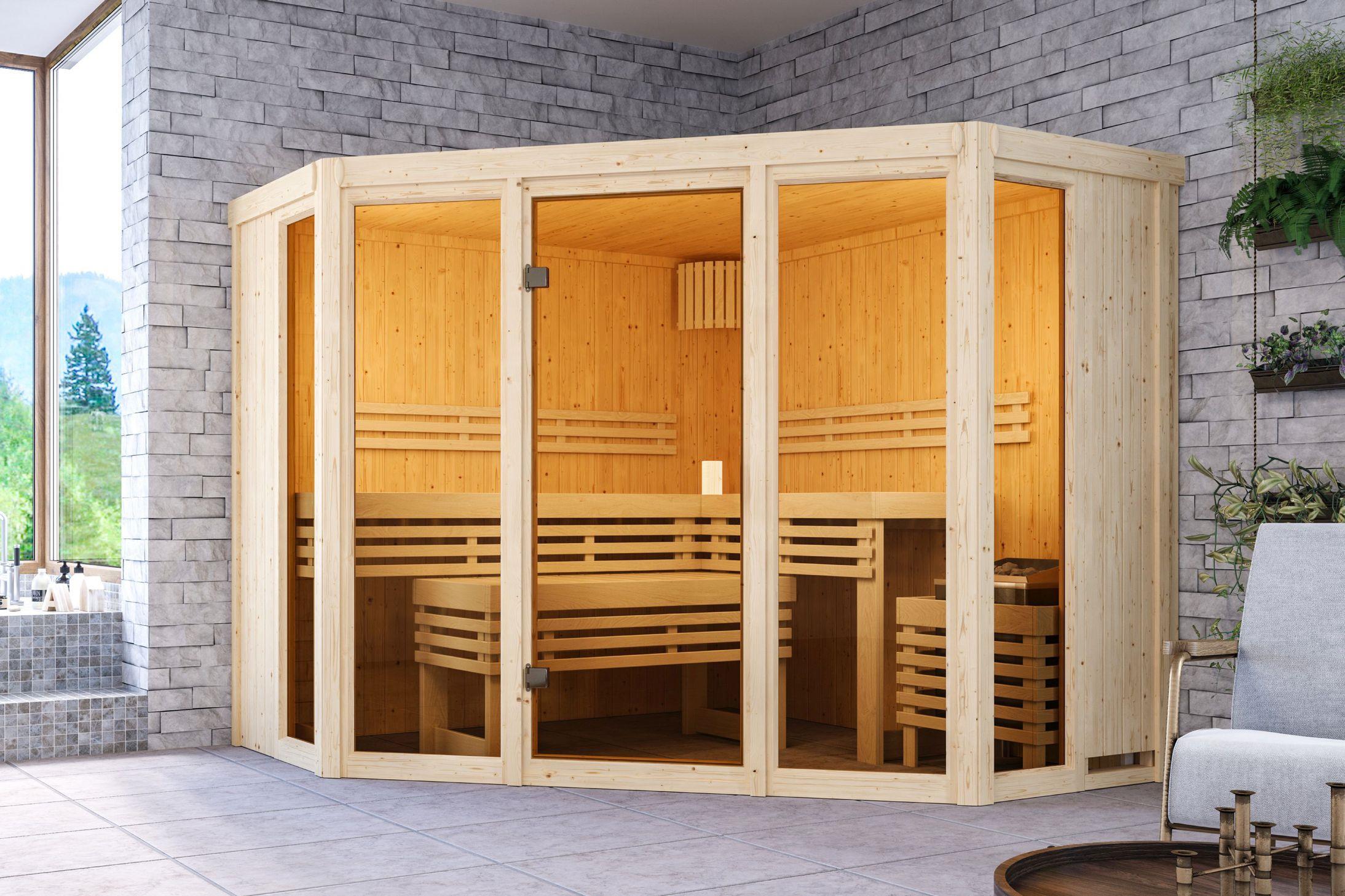Innensauna Pasi mit 9 kW Ofen BIO 9 und Huum Wifi Steuerung natur Innensauna Pasi mit 9 kW Ofen BIO 9 und Huum Wifi Steuerung natur