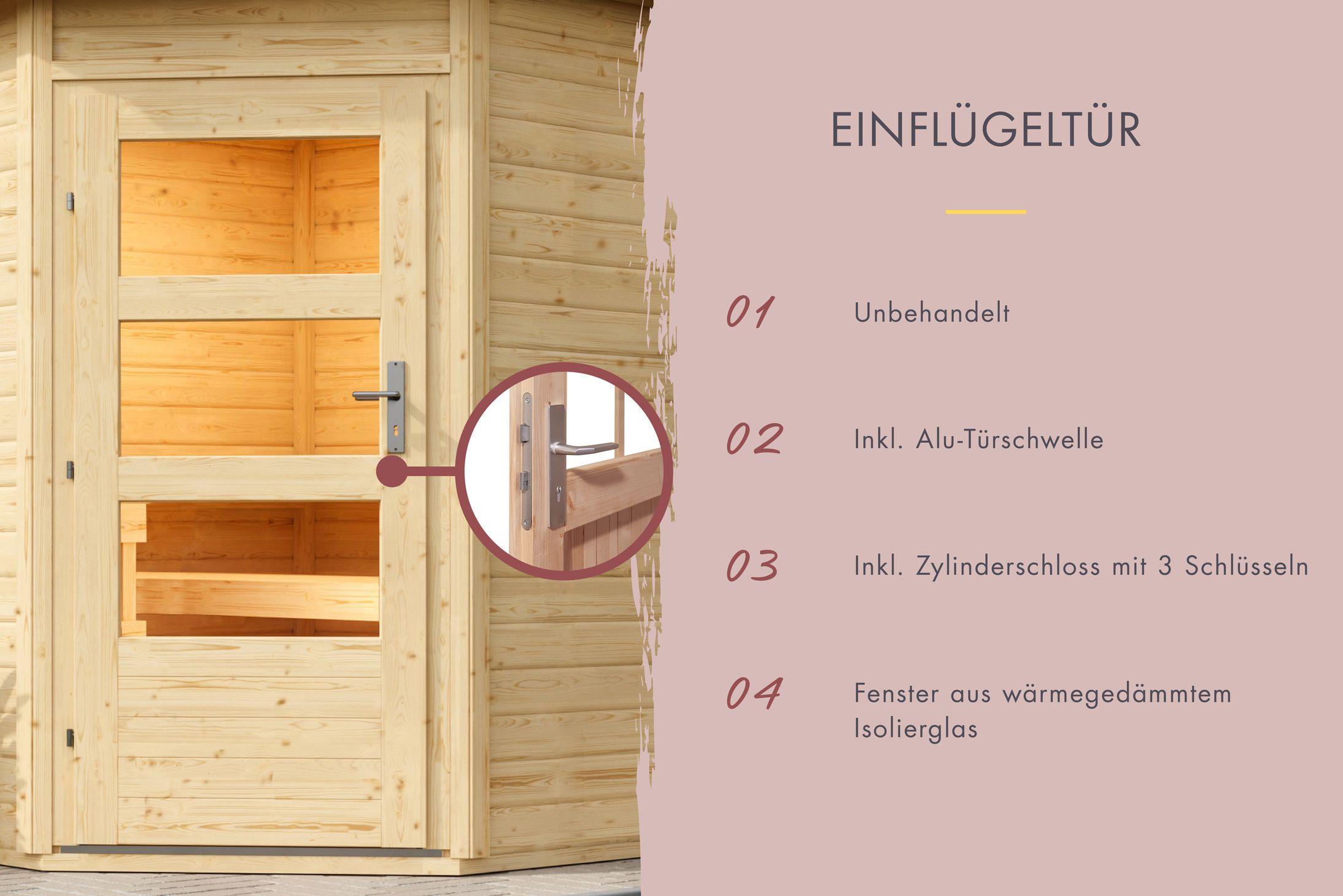 Aussenssauna Bonde mit 9 kW Ofen BIO 9 und Huum Wifi Steuerung natur