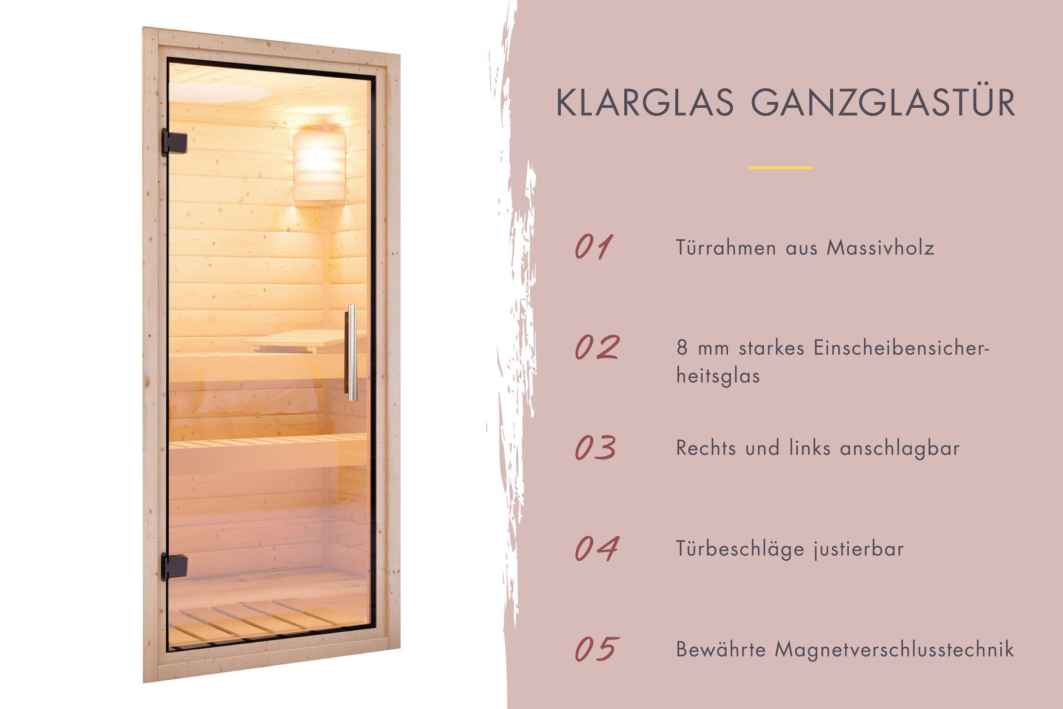 Innensauna Nedo mit 9 kW Ofen FIN 9 und Huum Wifi Steuerung natur