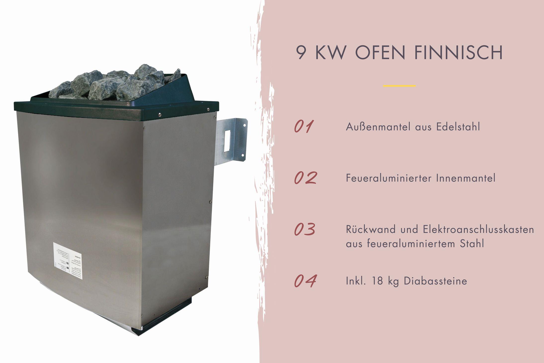Innensauna Nedo mit 9 kW Ofen FIN 9 und Huum Wifi Steuerung natur