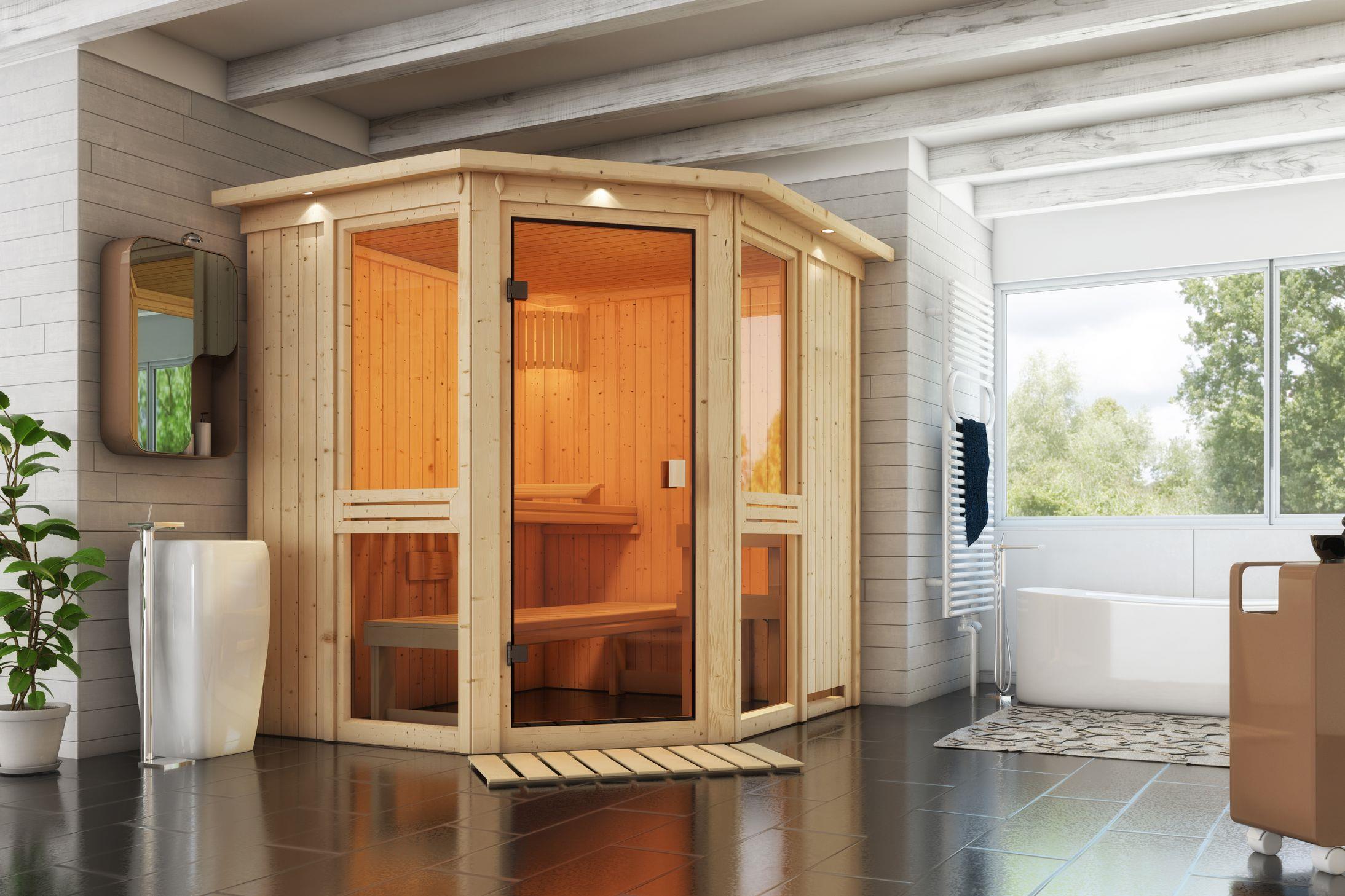 Innensauna Jari mit 9 kW Ofen FIN 9 und Huum Wifi Steuerung natur Innensauna Jari mit 9 kW Ofen FIN 9 und Huum Wifi Steuerung natur