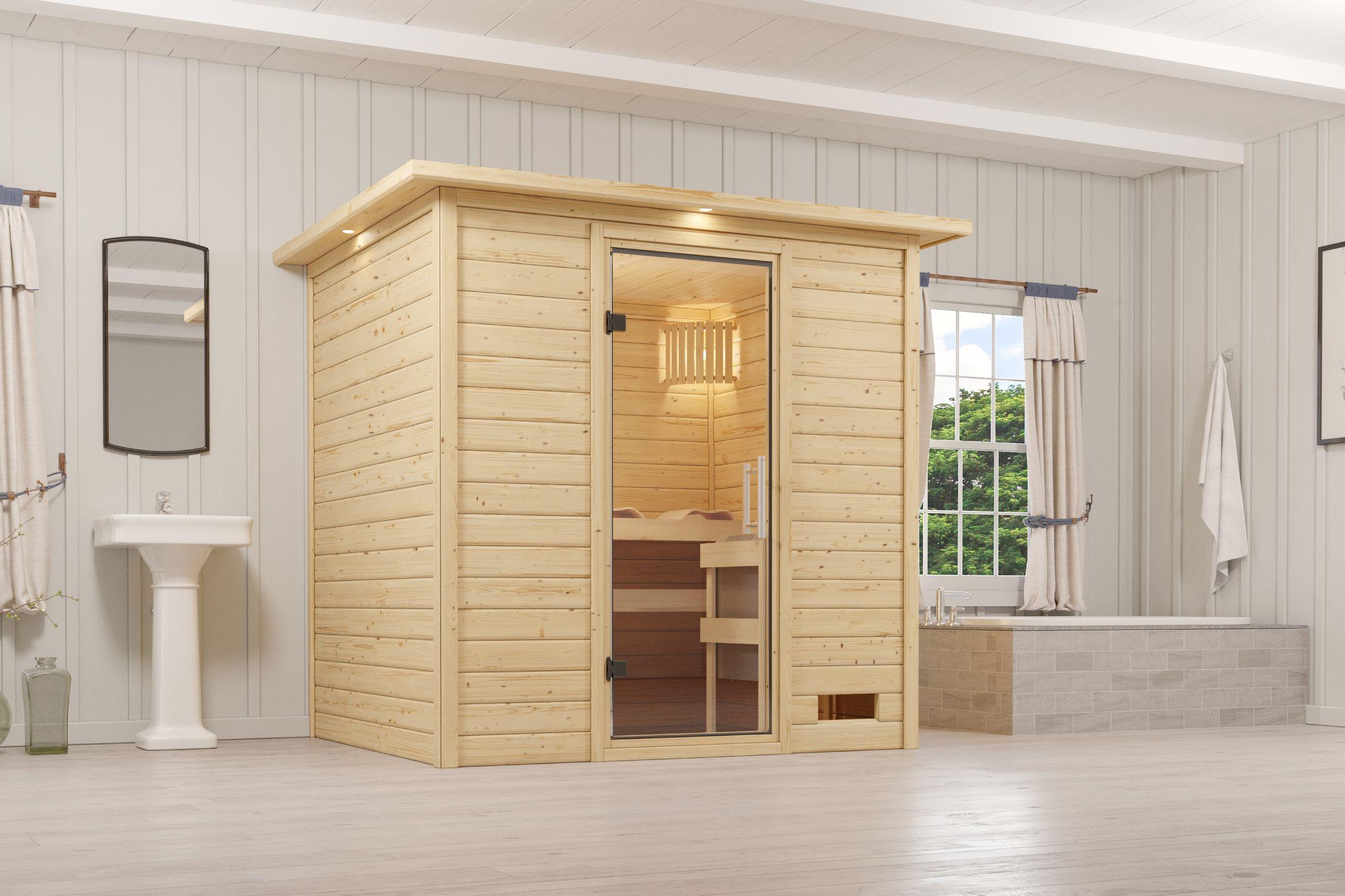 Innensauna Pekka mit 9 kW Ofen BIO 9 und Huum Wifi Steuerung natur Innensauna Pekka mit 9 kW Ofen BIO 9 und Huum Wifi Steuerung natur